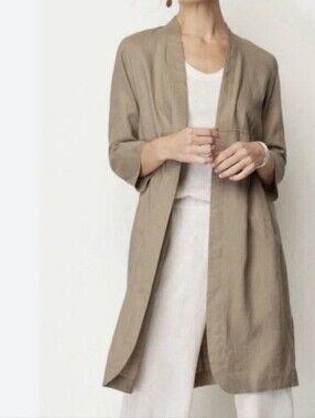 J.jill Women's Lightweight Open Front Linen Duster Sandbar SZ MP